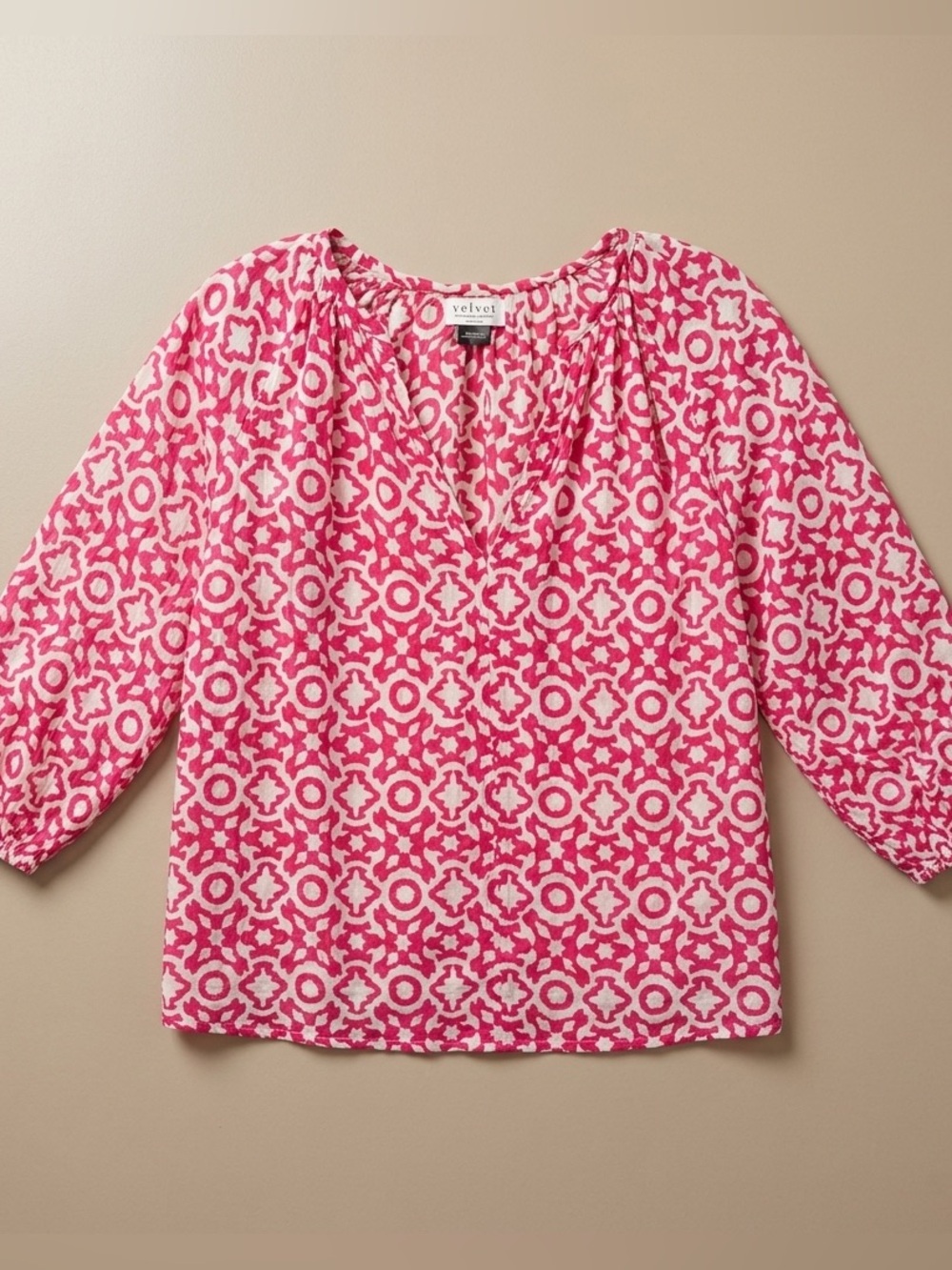 Velvet by Graham & Spencer Pink and White Printed V-Neck Blouse